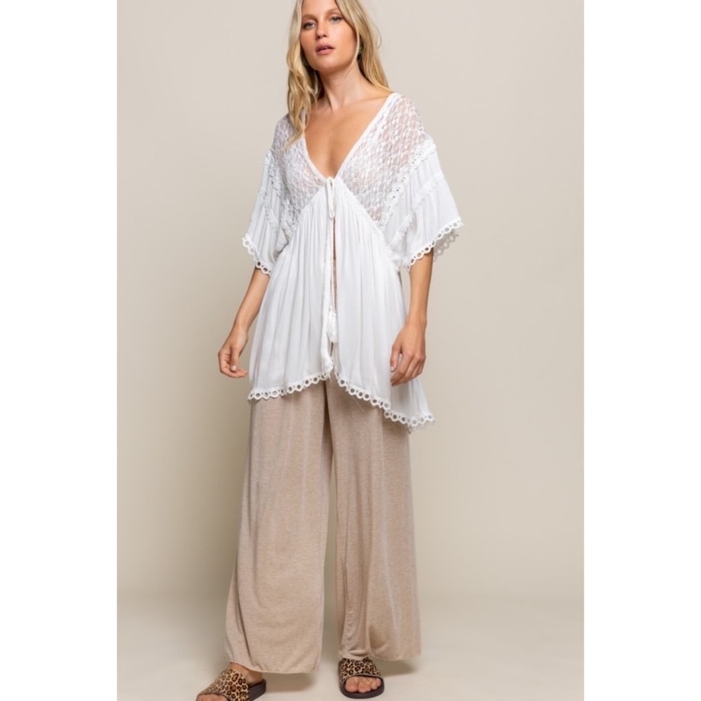 POL Light Sage Tassel Tie Rayon Gauze + Lace Kimono Cardigan - Picture 5 of 6